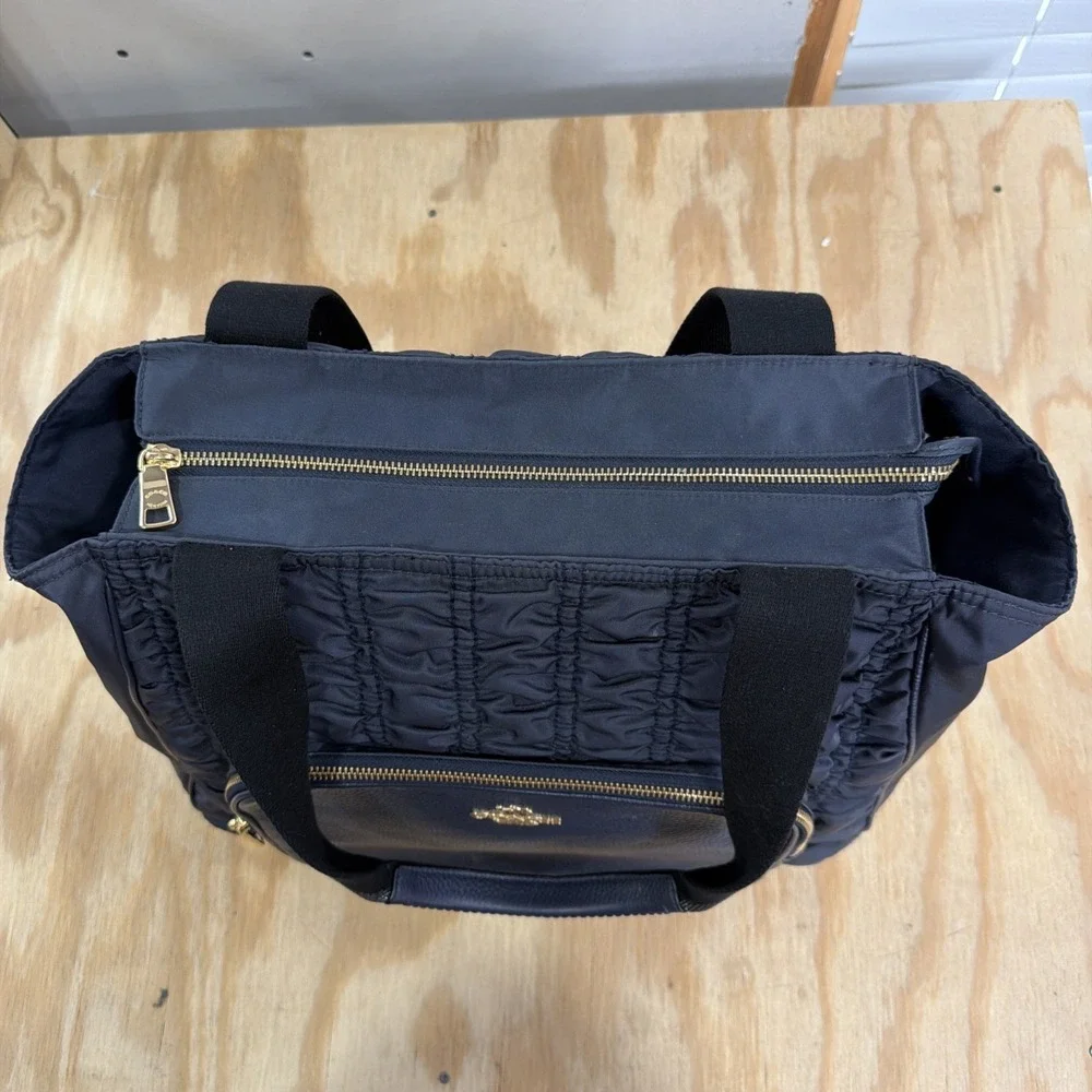 Coach‎ Tote Bag Women's Navy Nylon Leather Trim Shoulder Purse Zip Top